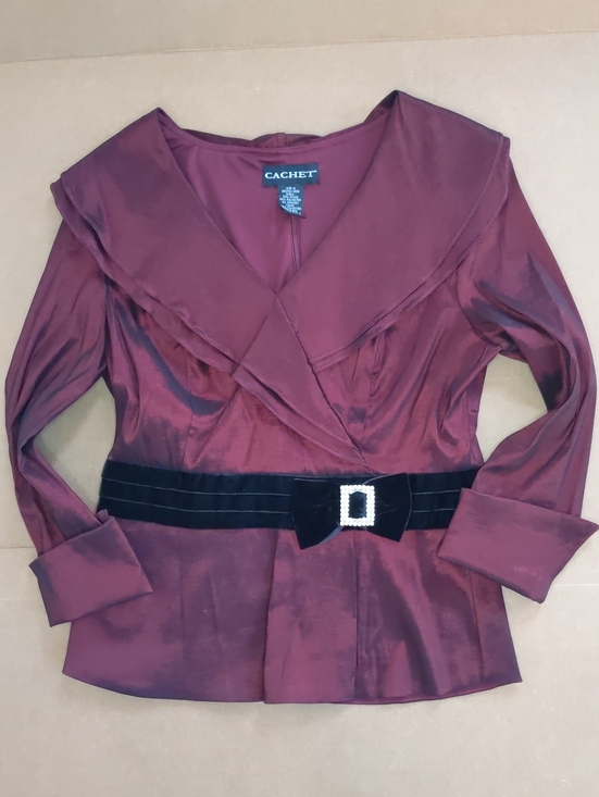 Cachet Tops - Cachet Burgundy Satin Blouse with Black Velvet Rhinestone Belt